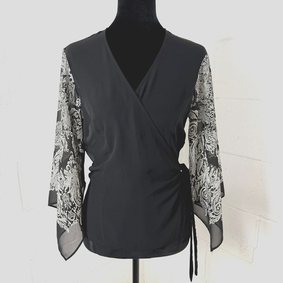 New York & Company Tops - NY & Co Chiffon Wrap Top Black Sheer Asymmetric Sleeves Whimsigoth Dark Fairy S